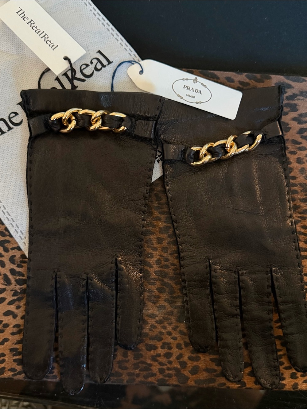 Prada Black Leather Chain-Trim Gloves